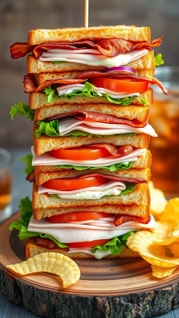 Triple Decker Club Sandwich Recipe A triple decker club sandwich with layers of bacon, turkey, lettuce, tomato on toasted bread, served with potato chips.